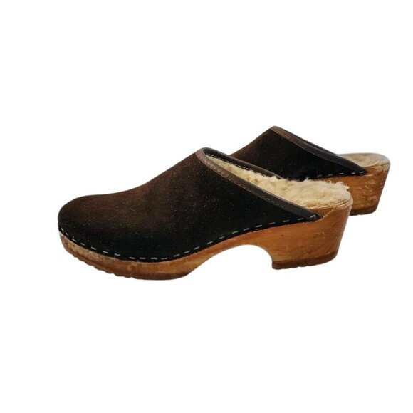 Sven Swedish Shearling Clogs Brown Suede Wood Sole Slip-On Mules 36 - Picture 7 of 10